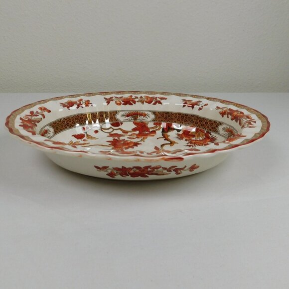Spode Indian Tree 10 inch Oval Vegetable Bowl New Backstamp Orange Rust Scallop - Picture 4 of 12